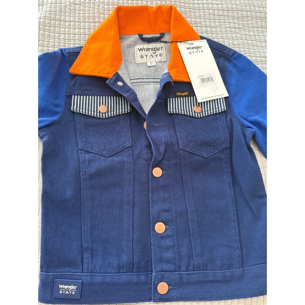 NWT Wrangler x STATE Unisex M Colorblock Denim Trucker Jacket Blue Orange Yellow